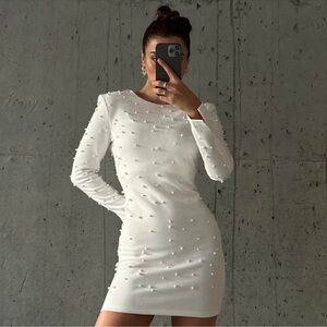 pearl embellished cream, mini dress  - C